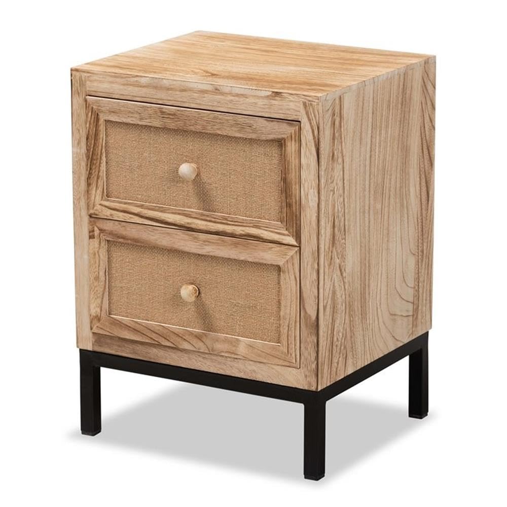 Baxton Studio Lalette Mid-Century Modern Oak Brown Finished Wood and Black Metal 2-Drawer Nightstand